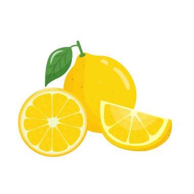 Sarı limonlu narenciye seti, dilimler halinde ve beyaz arka planda izole edilmiş. Tropik meyve tatlılık mevsimi. Gerçekçi vektör illüstrasyonu