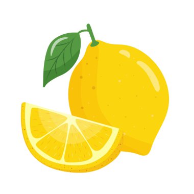 Sarı limon seti. Parlak meyveler, yarımlar, yapraklı dilimler. Bahar ve yaz tasarımı için elementler. El çizimi