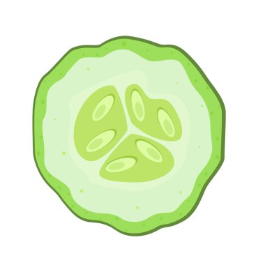 Yuvarlak dilimlenmiş salatalık ikonu. Beyaz arka planda izole edilmiş olgun yeşil salatalığın düz çizimi. Sağlıklı yemek, gıda tasarımı ve organik ürünler için ideal