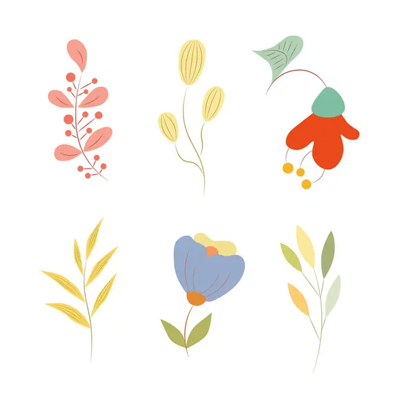 Sevimli bahar çiçekleri, renkli dalları ve yaprakları olan renkli bir set.