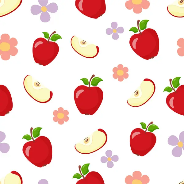 Yeşil yapraklı kırmızı elma deseni. Tam meyve ve dilimler, mor çiçekli, el çizimi vektör çizimleri