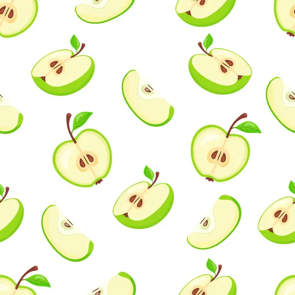 Yeşil elma desenli meyveler, dilimler ve çeyreklikler. El çizimi vektör illüstrasyonu.