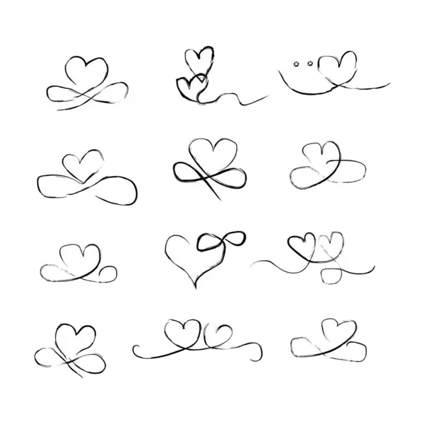 Çeşitli kara kalp çizimleri koleksiyonu, el yapımı kalpler. Vektör sembolleri kümesi