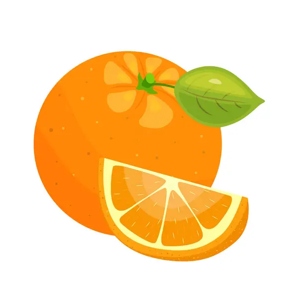 Turuncu simge hazır. Parlak meyveler, yarımlar, yapraklı dilimler. Bahar ve yaz tasarımı için elementler. El çizimi