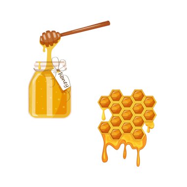 Hand drawn jar of honey and honeycomb with dripping honey drop and ladle spoon, cartoon illustration isolated on white background.