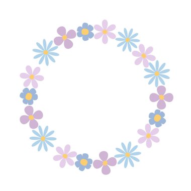 A vibrant round frame with romantic purple and pink flowers. Wedding invitation