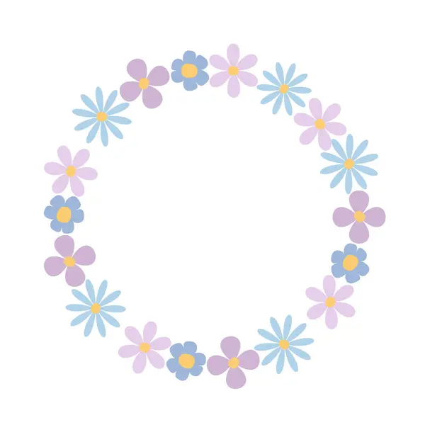 A vibrant round frame with romantic purple and pink flowers. Wedding invitation