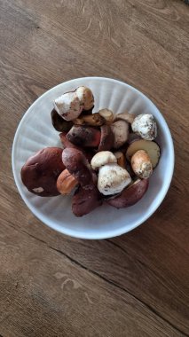 Beyaz bir seramik kase ahşap bir yüzeye yerleştirilmiş çeşitli mantarlar içerir.