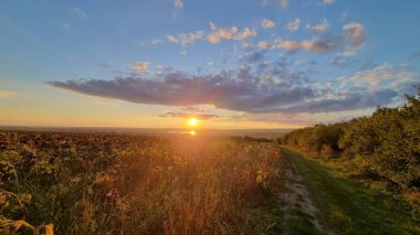 Geniş bir arazide gün batımı, uzun otlar ve toprak bir patika.