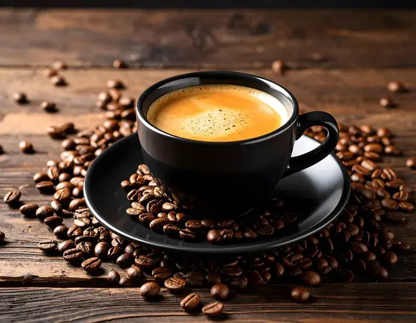 Ahşap yüzeyde kavrulmuş kahve çekirdekli sade bir kahve.