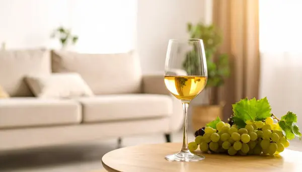 Beyaz ahşap arka planda şarap ve üzümlü bir kadeh şampanya..