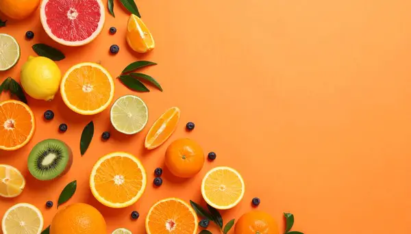 Renk arkaplan üzerinde farklı turunçgil meyveleri olan kompozisyon