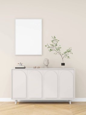 Dikey çerçeveli minimalist oturma odası, büfe ve süs bitkileriyle dekorasyon. 3D görüntüleme, iç tasarım, 3B illüstrasyon