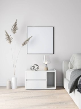 Beyaz duvarda kare çerçeveli bir yatak odası, bir yanda modern yatak ve lambalı bir komodin. 3D görüntüleme, iç tasarım, 3B illüstrasyon