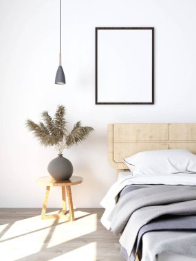 Boş dikey çerçeveli bir yatak odası, bitkilerle iç dekorasyon. 3d görüntüleme, iç tasarım, 3d illüstrasyon