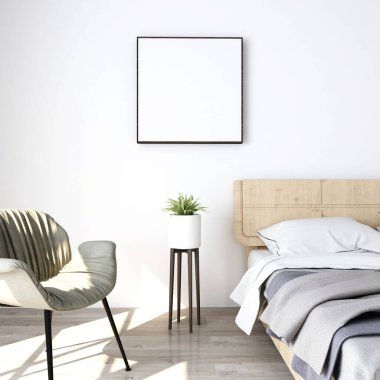 Boş kare çerçeveli bir oda, bitkilerle iç dekorasyon. 3d görüntüleme, iç tasarım, 3d illüstrasyon