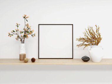 Süslü bitkiler ve masa dekorasyonu ile kare çerçeve modeli. 3d görüntüleme, iç tasarım, 3d illüstrasyon