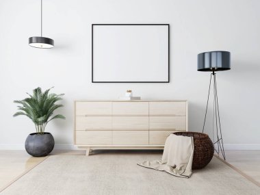 Yatay çerçeveli bir oda, süs bitkisi, lambalar ve sepet. 3d görüntüleme, iç tasarım, 3d illüstrasyon