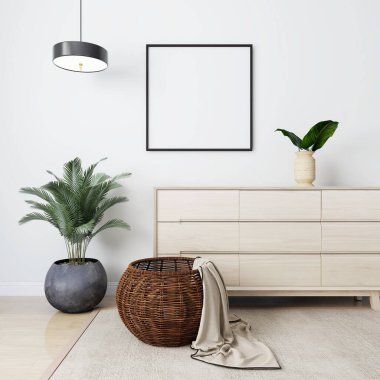 Kare çerçeveli bir oda, süs bitkileri, bir lamba ve bir sepet. 3d görüntüleme, iç tasarım, 3d illüstrasyon