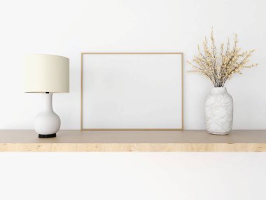 Boş yatay çerçeve modeli, süs bitkisi ve masa lambası. 3d görüntüleme, iç tasarım, 3d illüstrasyon