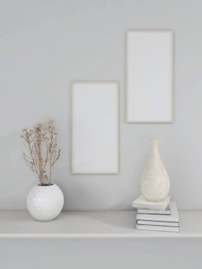 Kitaplı, bitki ve masa dekorasyonlu iki boş dikey çerçevenin maketi. 3d görüntüleme, iç tasarım, 3d illüstrasyon
