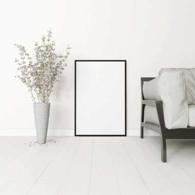Boş çerçeveli, süs bitkisi ve modern kanepe ile harmonik oturma odası. 3d görüntüleme, iç tasarım, 3d illüstrasyon