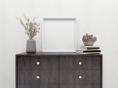 Boş kare çerçeveli, süs bitkileri ve depolama dolabı olan oturma odası. 3d görüntüleme, iç tasarım, 3d illüstrasyon