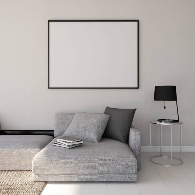 Yatay çerçeveli, gri kanepeli ve iç dekorlu modern oturma odası. 3d görüntüleme, iç tasarım, 3d illüstrasyon