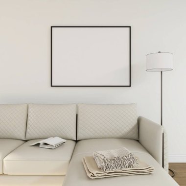 Oturma odasında yatay çerçeve, bej kanepe, dekorasyon ve lamba var. 3d görüntüleme, iç tasarım, 3d illüstrasyon