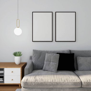 Oturma odasında iki tane dikey çerçeve modeli, gri kanepe ve süs bitkisi ve lambayla iç dekorasyonu var. 3d görüntüleme, iç tasarım, 3d illüstrasyon