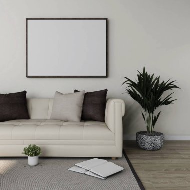 Yatay çerçeveli maket oturma odası, bej kanepe ve süs bitkileri ve kitaplarla dekorasyon. 3d görüntüleme, iç tasarım, 3d illüstrasyon