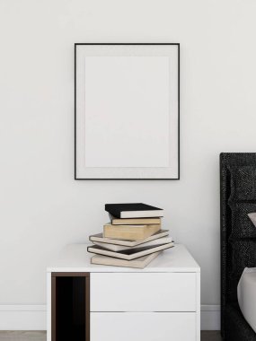 Yatak odası, dikey çerçeve modeli, komodin ve kitaplar. 3d görüntüleme, iç tasarım, 3d illüstrasyon