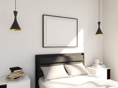 Dikey çerçeveli yatak odası, modern tasarım yatağı ve kitap ve lambalarla iç dekorasyon. 3d görüntüleme, iç tasarım, 3d illüstrasyon