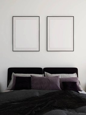 Yatak odası, iki tane dikey çerçeve modeli ve birkaç yastıklı yatak odası. 3d görüntüleme, iç tasarım, 3d illüstrasyon