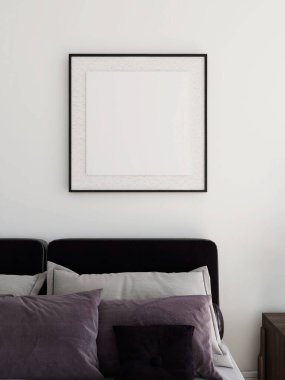 Kare çerçeveli bir yatak odası ve birkaç yastıklı bir yatak. 3d görüntüleme, iç tasarım, 3d illüstrasyon