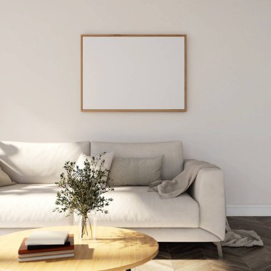 Yatay çerçeveli, bej koltuklu ve bitki ve kitaplarla süslenmiş serin oturma odası. 3d görüntüleme, iç tasarım, 3d illüstrasyon