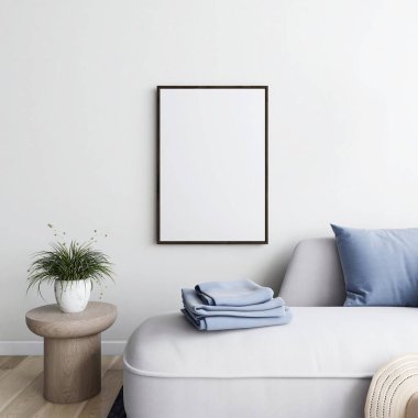 Beyaz koltuklu dikey çerçeve modeli süs bitkisi, şapka ve kumaş. 3d görüntüleme, iç tasarım, 3d illüstrasyon