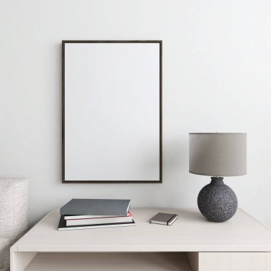 Lamba ve kitaplarla dekore edilmiş, dikey çerçeve modeli. 3d görüntüleme, iç tasarım, 3d illüstrasyon