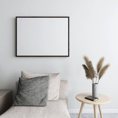 Bej koltuklu yatay çerçeve modeli ve süs bitkisi olan masa. 3d görüntüleme, iç tasarım, 3d illüstrasyon