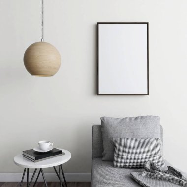 Gri koltuklu, dekore edilmiş masa ve lambalı dikey çerçeve modeli. 3d görüntüleme, iç tasarım, 3d illüstrasyon