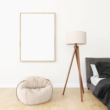 Yatak odası, dikey çerçeve modeli ve iç dekorasyonu yatak odası, yer lambası ve puf. 3d görüntüleme, iç tasarım, 3d illüstrasyon