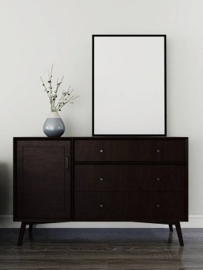 Oturma odasında bir mobilya ve süs bitkisinin üzerinde dikey çerçeve modeli var. 3d görüntüleme, iç tasarım, 3d illüstrasyon