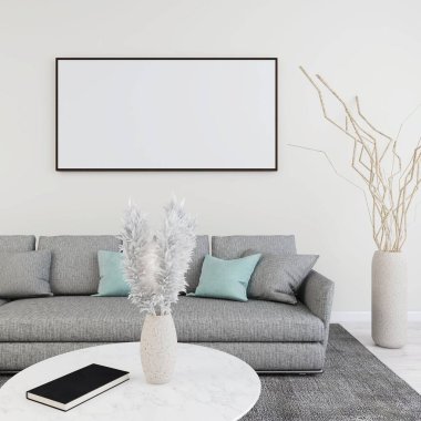 Yatay çerçeveli maketi olan oturma odası, açık gri kanepe ve bitkiler ve kitapla dekorasyon. 3d görüntüleme, iç tasarım, 3d illüstrasyon