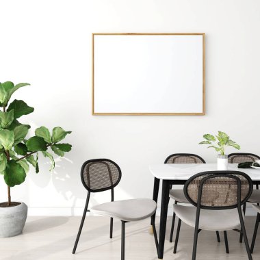 Yatay çerçeveli yemek odası, süs bitkileri, sandalyeler ve dekor. 3d görüntüleme, iç tasarım, 3d illüstrasyon