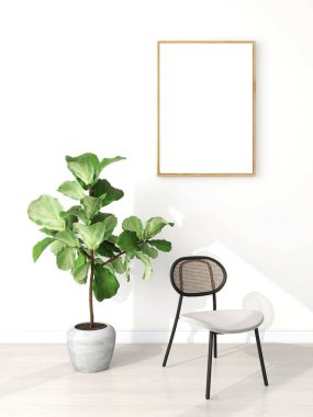 Yemek odası, dikey çerçeve modeli, süs bitkisi ve sandalye. 3d görüntüleme, iç tasarım, 3d illüstrasyon