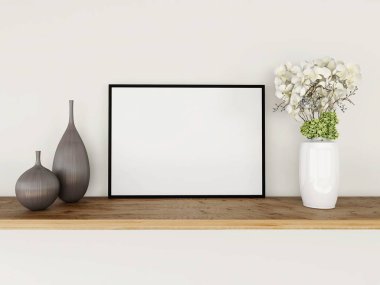 Süslü bitki ve masa dekorasyonuyla yatay çerçeve modeli. 3d görüntüleme, iç tasarım, 3d illüstrasyon