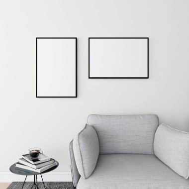 Oturma odasında dikey ve yatay çerçeve, gri kanepe ve dekore edilmiş masa var. 3d görüntüleme, iç tasarım, 3d illüstrasyon