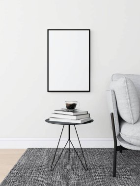 Dikey çerçeve modeli, gri kanepesi ve dekore edilmiş masası olan oturma odası. 3d görüntüleme, iç tasarım, 3d illüstrasyon