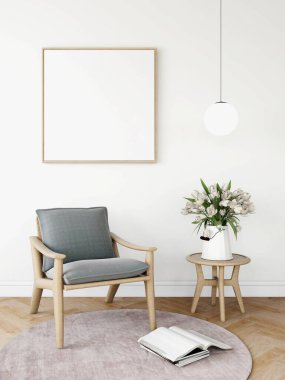 Boş kare maketli oturma odası, ahşap sandalye, vazolu masa, tavan lambası ve kitaplar. 3d illüstrasyon, iç tasarım, 3d görüntüleme