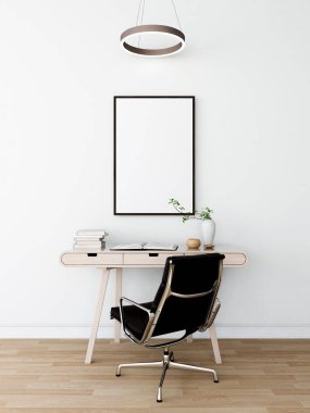 Çalışma odası, dikey çerçeve modeli, lamba, modern sandalye ve dekorasyonlar. 3d görüntüleme, iç tasarım, 3d illüstrasyon